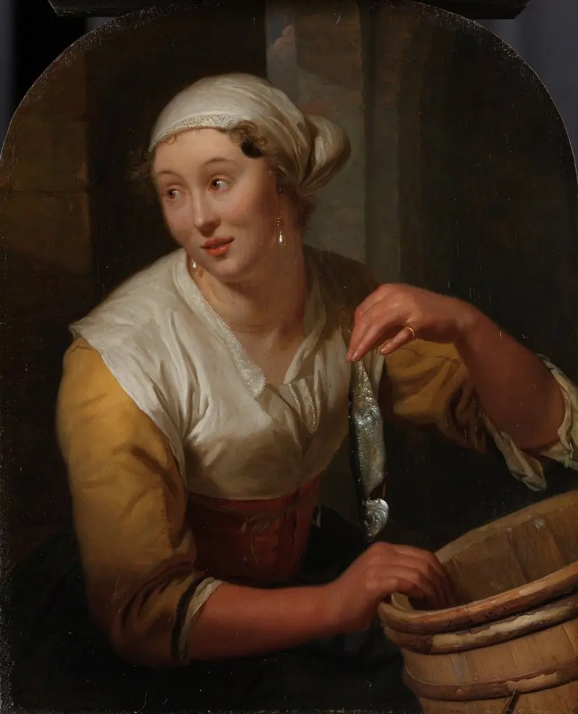 Woman selling herring, by Godfried Schalcken