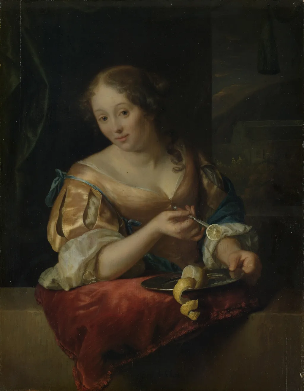 Young woman with lemon, by Godfried Schalcken, oil, 1694