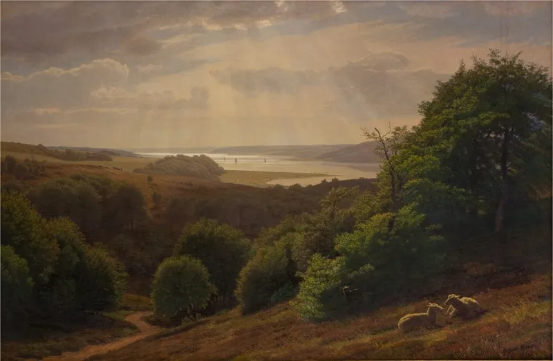 Udsigt fra Vesterskov ved Mariager; i baggrunden fjorden, by Godtfred Rump, oil, 1869