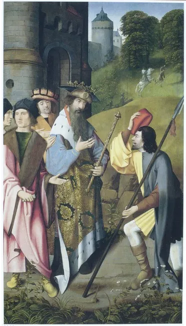 The King’s Spies Bring Him News of Dymphna’s Hideout, by Goswin van der Weyden, oil, 1504