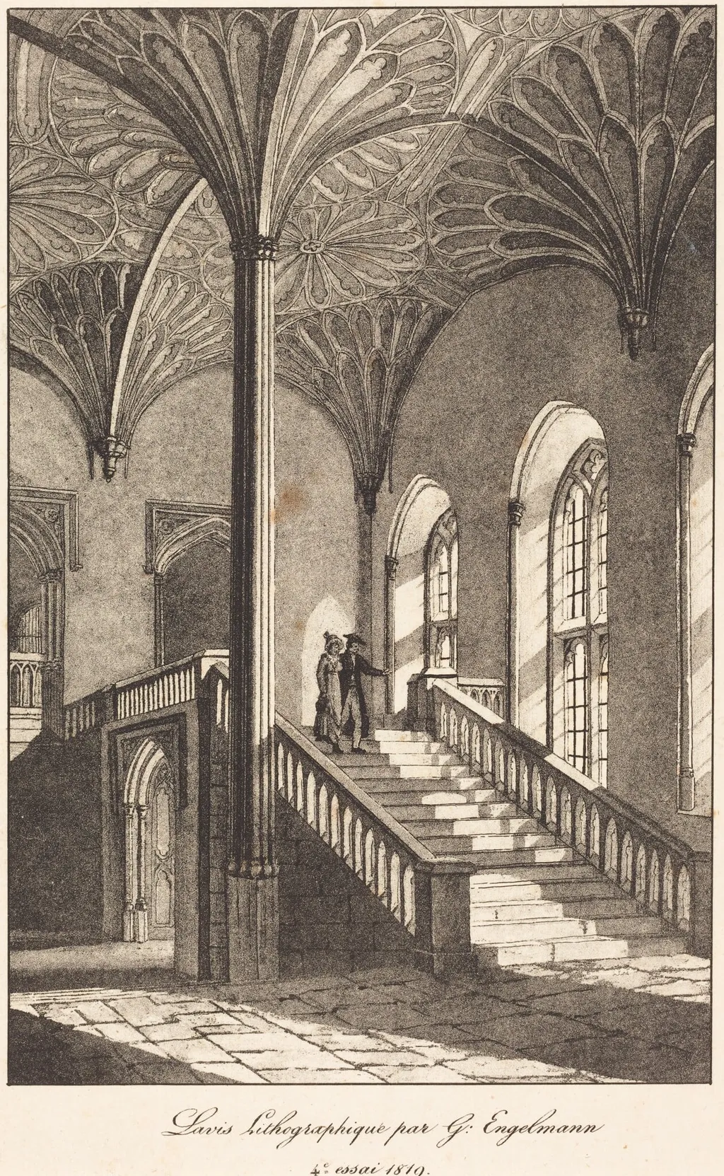 Man and Woman Descending Staircase, by Gottfried Engelmann, ink, 1819