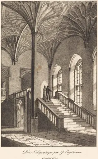 Man and Woman Descending Staircase, by Gottfried Engelmann
