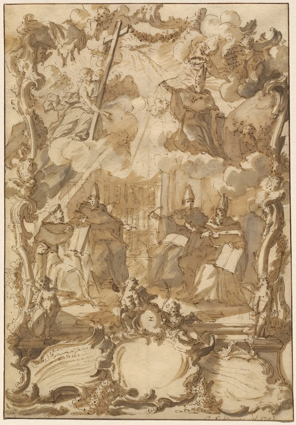 A Thesis Design with Doctors of the Church, by Gottfried the Younger Eichler, ink, 1747
