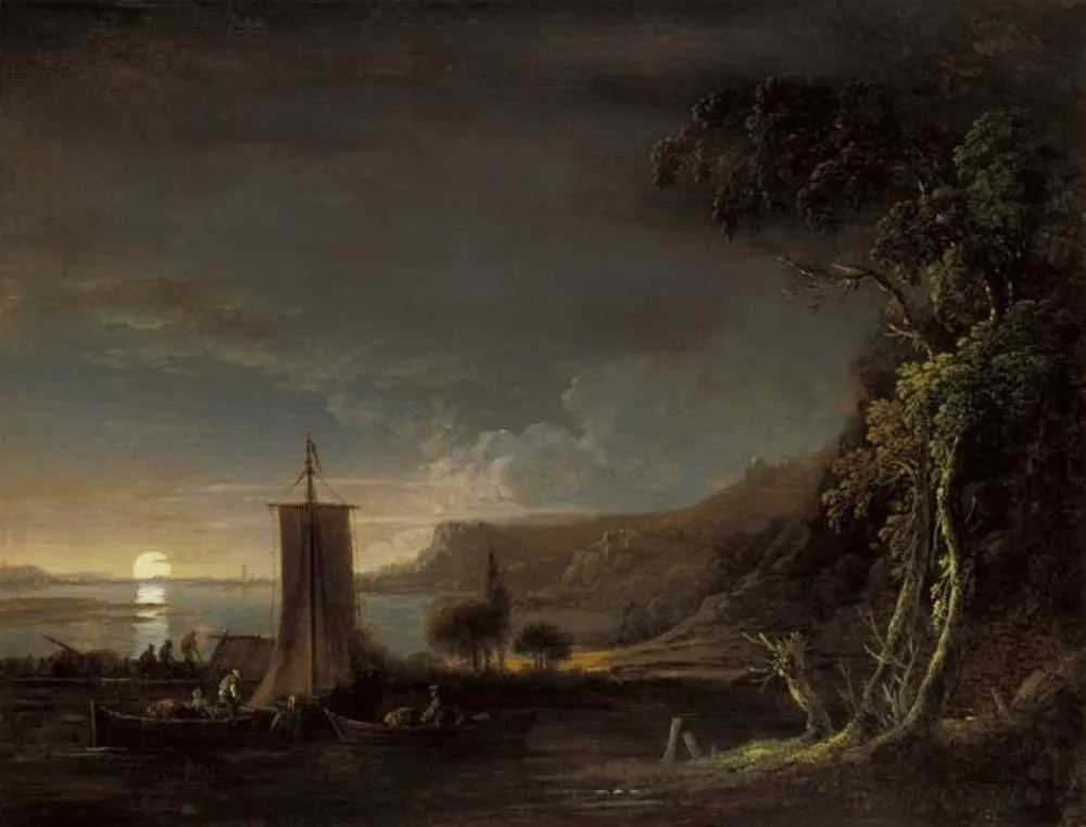 Moonlit river landscape, by Gottlieb Schiffner, oil, 1775