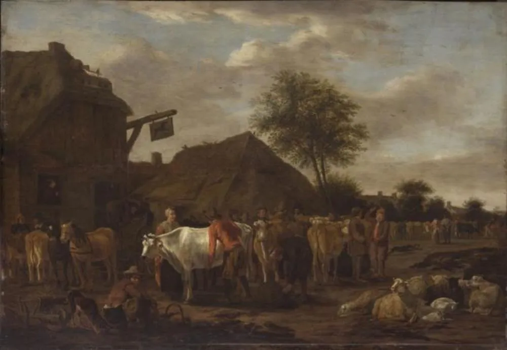 Cattle Market, by Govert Dircksz. Camphuysen, oil, 1660