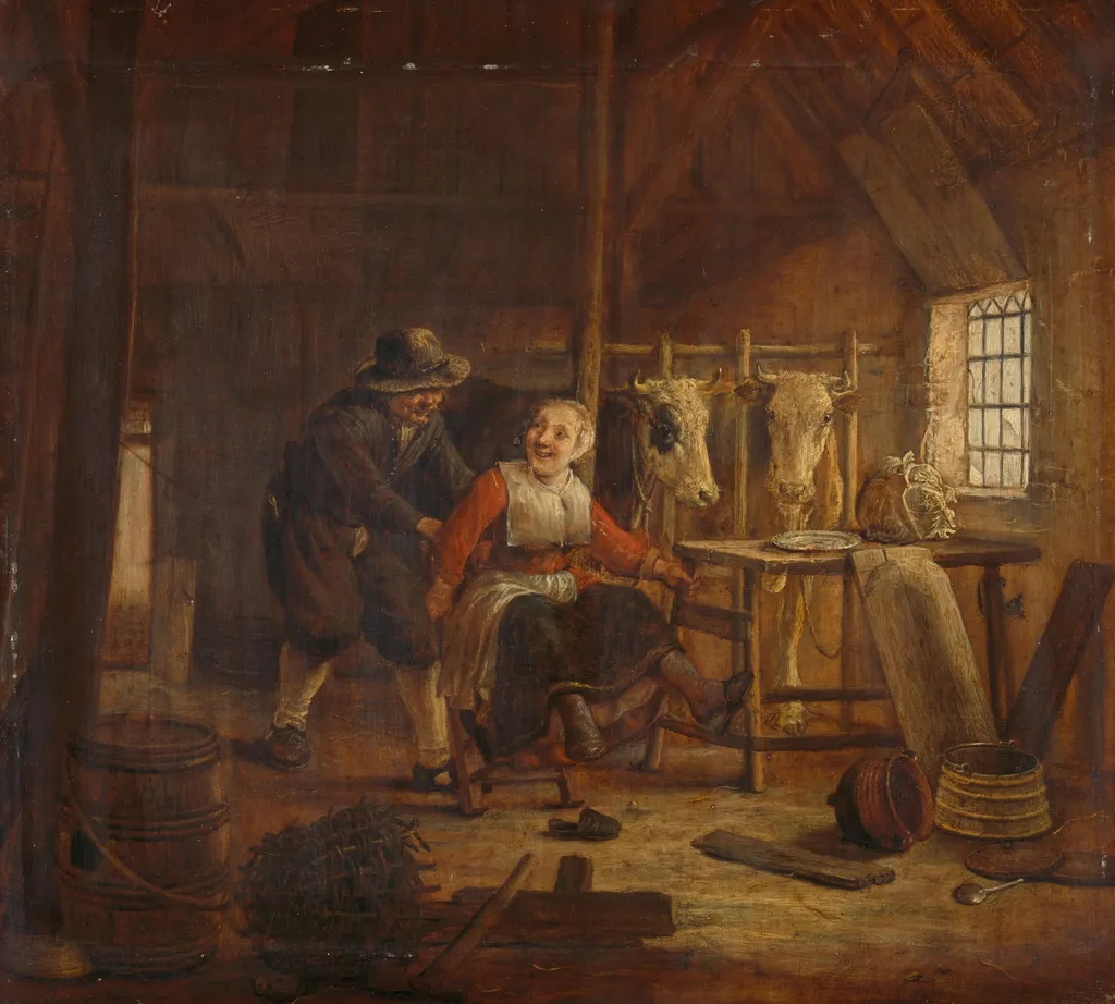 Flirtation in a Cowshed, by Govert Dircksz. Camphuysen, unspecified, 1658