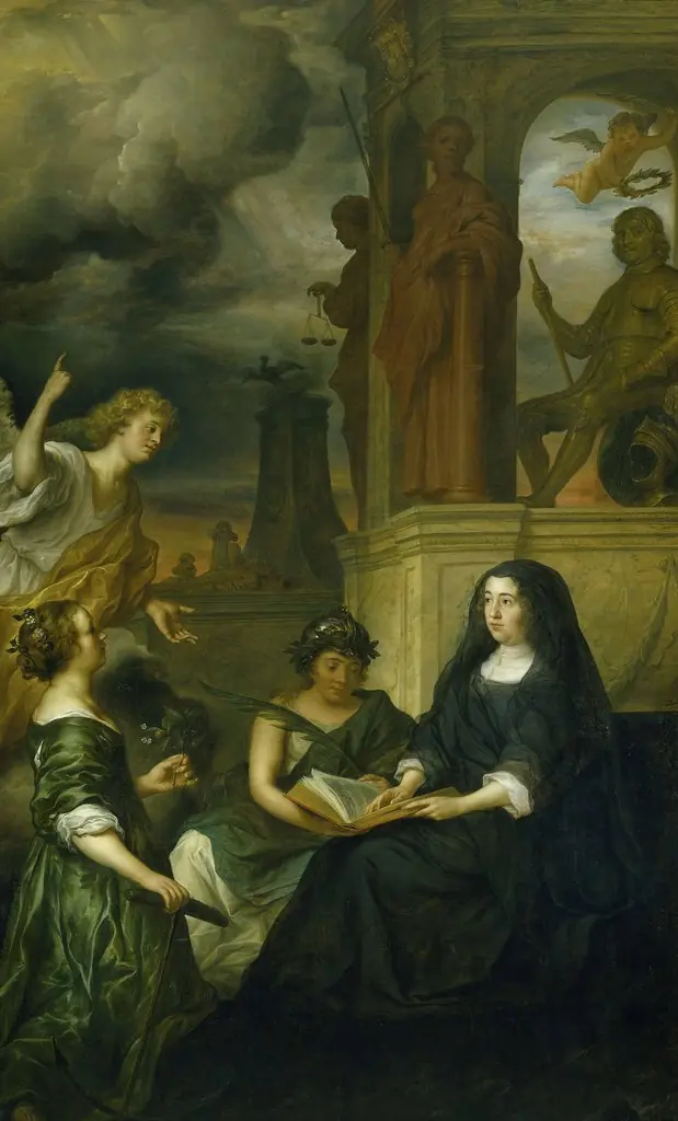 Allegory on the memory of Frederik Hendrik (1584-1647), prince of Orange, with the portrait of his widow Amalia van Solms, by Govert Flinck