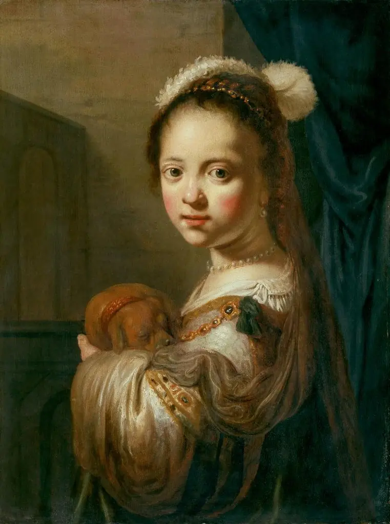Mädchen mit einem kleinen Hund im Arm, by Govert Flinck