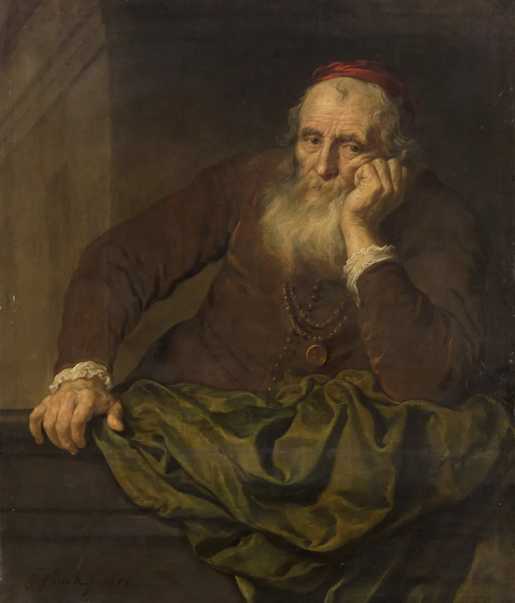 Old man leaning on a balustrade, by Govert Flinck, oil, 1651