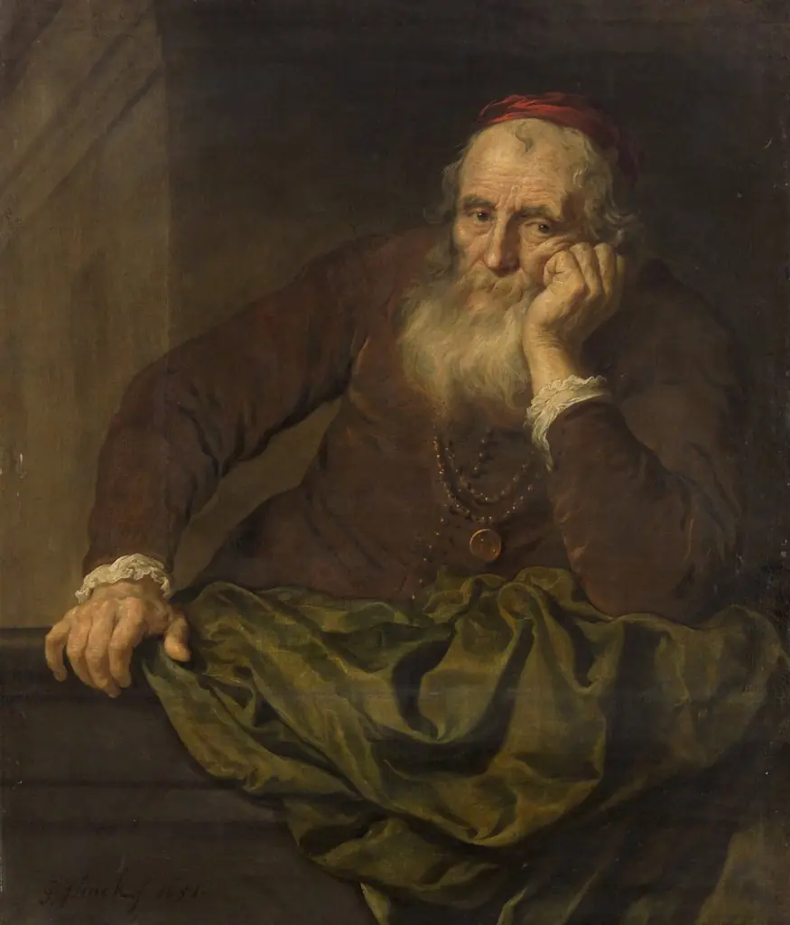 Old man leaning on a balustrade, by Govert Flinck