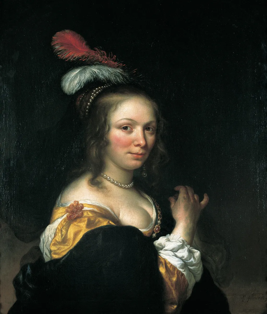 Portrait of a woman wearing a hat with feathers, by Govert Flinck, oil, 1650