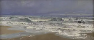 Gråvejrsdag ved Vesterhavet med brænding