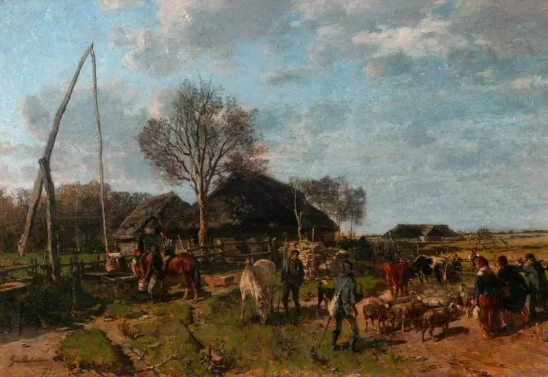 Farm Buildings with Figures, Sheep and Cattle, by Gregor von Bochmann
