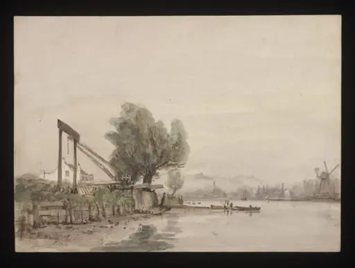 Watercolour drawing by the Grieve family, showing a river scene, by Grieve