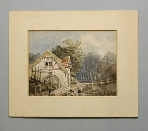 Watercolour drawing by the Grieve family, showing a water mill, by Grieve
