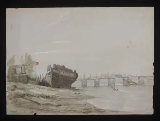 Watercolour drawing by the Grieve family, showing Battersea Bridge, by Grieve