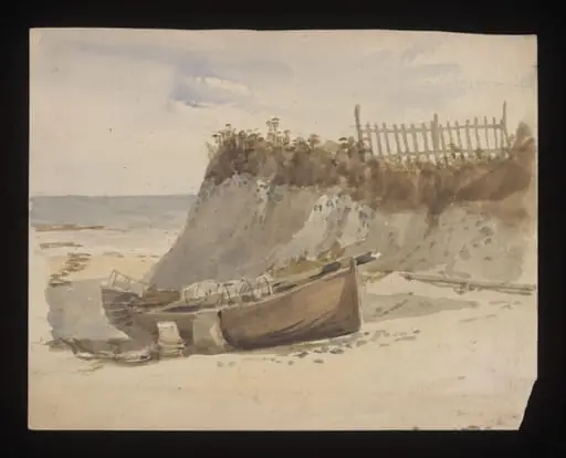 Watercolour drawing by the Grieve family, showing the beach at Kingsgate, Kent, by Grieve