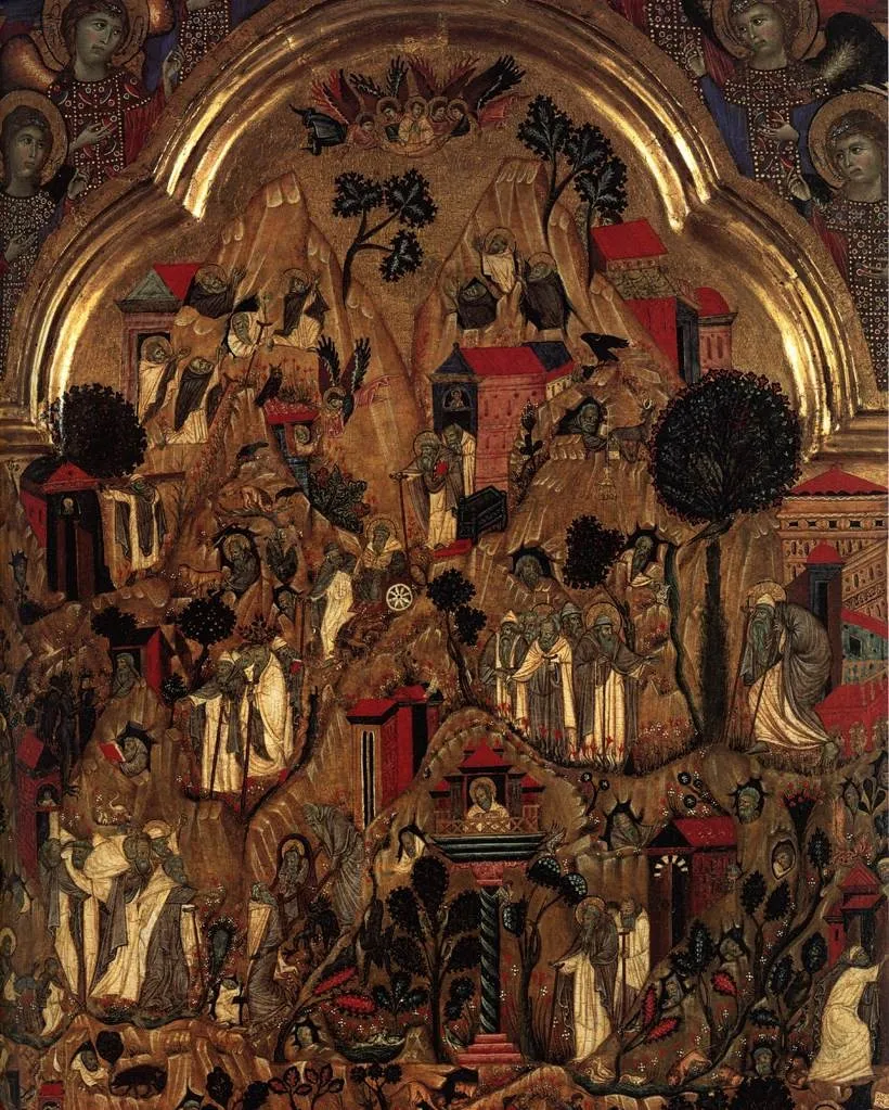 Triptych. Centre Panel: Death of St Ephraim with scenes from the lives of the monks in the Thebaid. Above; the Redeemer and six angels. Left Wing: Mourning Angels; the Crucifixions; the three Marys at, by Grifo di Tancredi, tempera, 1250