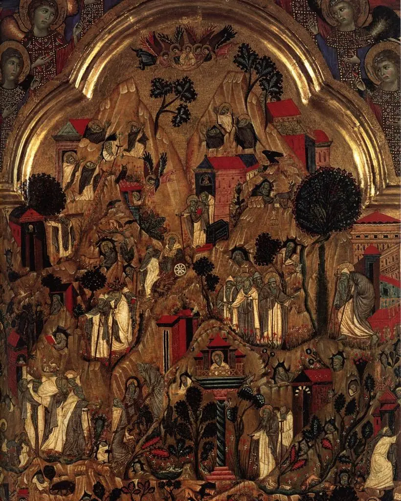 Triptych. Centre Panel: Death of St Ephraim with scenes from the lives of the monks in the Thebaid. Above; the Redeemer and six angels. Left Wing: Mourning Angels; the Crucifixions; the three Marys at, by Grifo di Tancredi