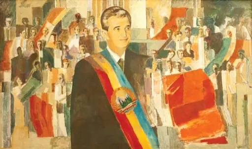 Tablou, tempera pe pânză, „Ceaușescu și Poporul” semnat Grigorian Rusu datat 1982 în partea dreaptă jos. Nicolae Ceaușescu este prezentat în prim plan, cu bandă tricoloră, în fundal sunt reprezentați oamenii muncii. Comandat și oferit de Comitetul Județean de Partid Dolj (1982)., by Grigorian Rusu