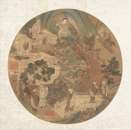 明   佚名   觀音羅漢圖   扇|Guanyin and the sixteen luohans
