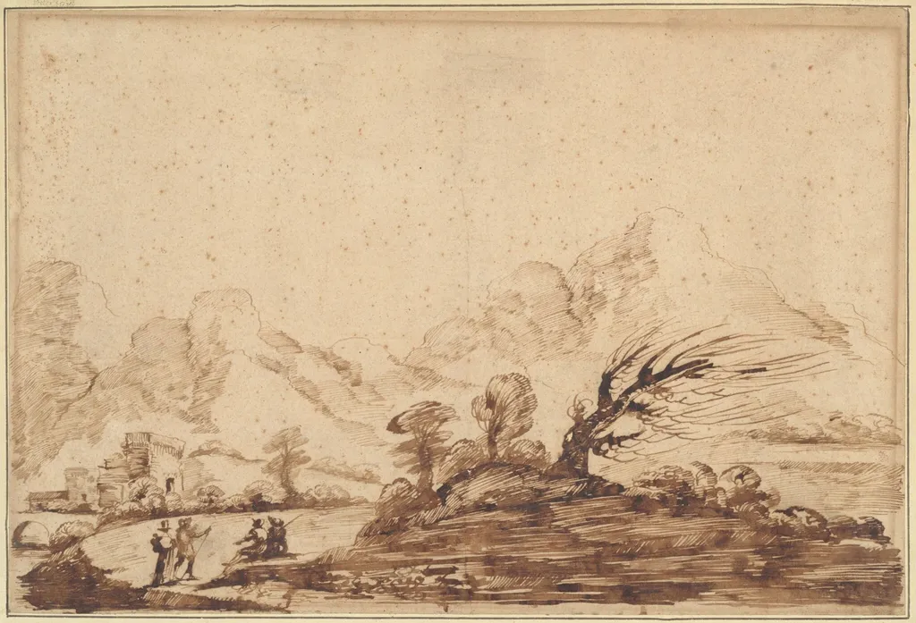 Landscape with Figures, by Guercino, ink, 1601