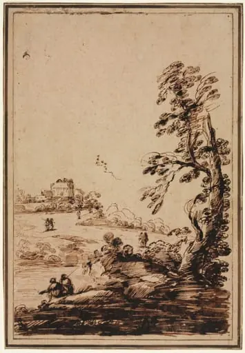 Landscape with Small Group of Buildings, by Guercino