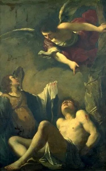 St Sebastian and two angels, by Guercino