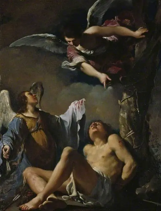 St. Sebastian succoured by two angels, by Guercino
