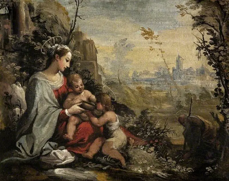 The Holy Family on the Flight meets the infant St John, by Guercino