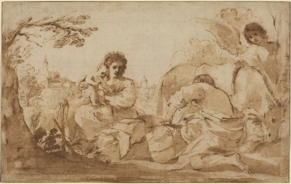 The Rest on the Flight into Egypt, by Guercino, chalk, 1626