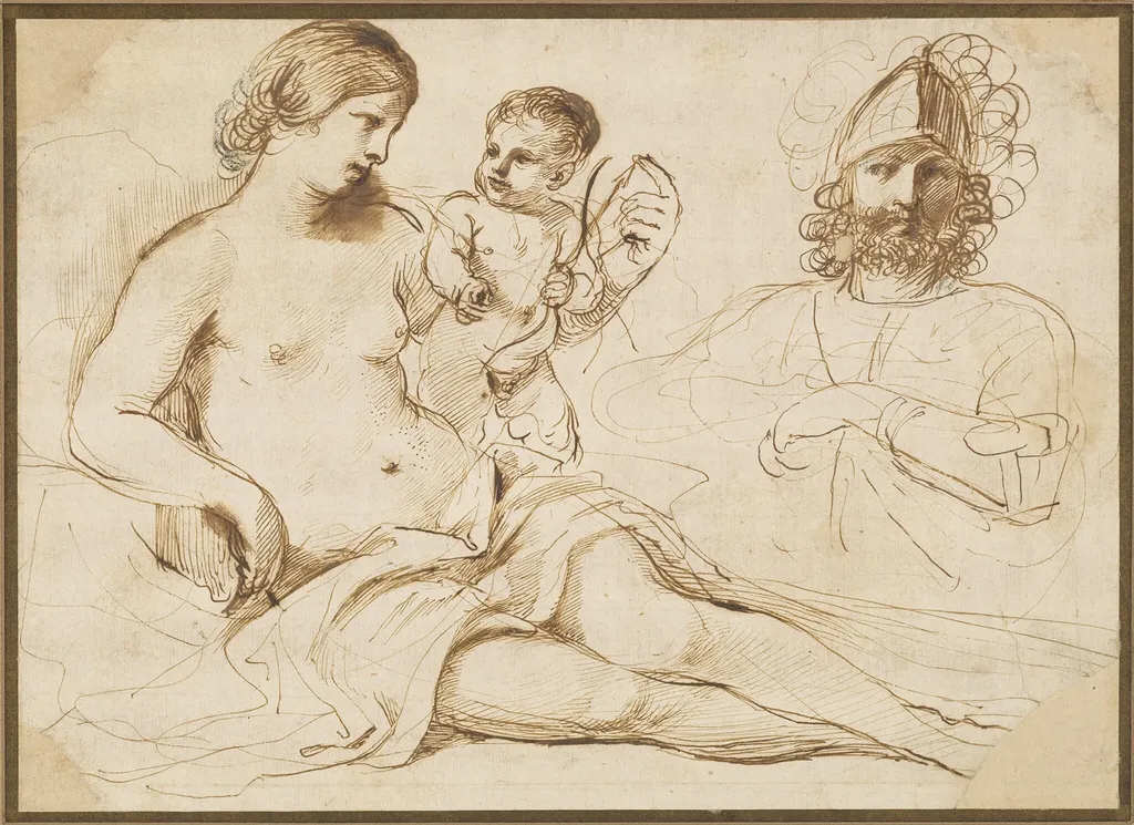 Venus, Cupid, and Mars, by Guercino, ink, 1634