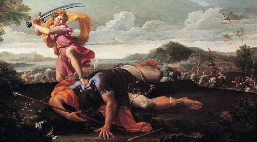 David and Goliath, by Guillaume Courtois, oil, 1650