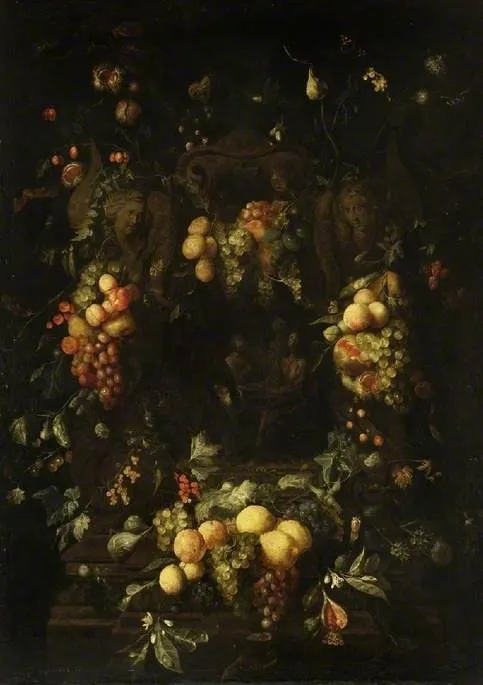 Still-life of fruit, with the Supper at Emmaus, by Guilliam de Vries, oil