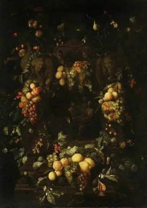 Still-life of fruit, with the Supper at Emmaus, by Guilliam de Vries