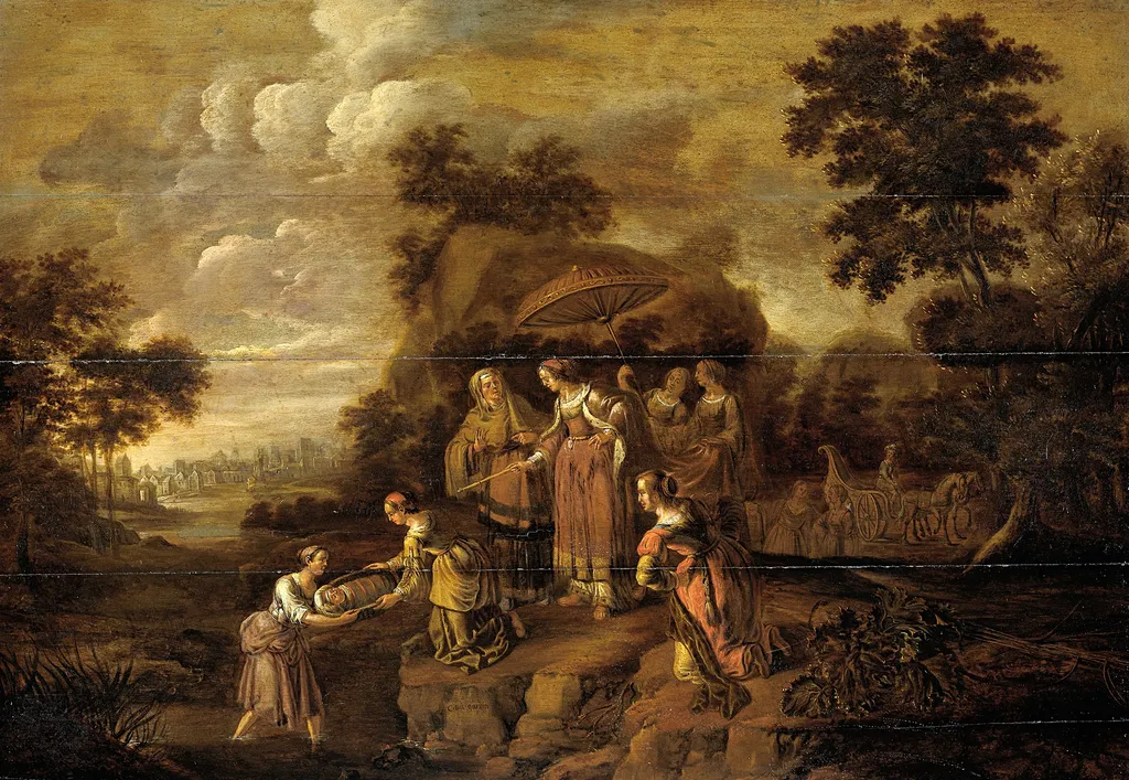 Pharaoh's daughter discovers Moses in the rush basket, by Guilliam du Gardijn, oil, 1622