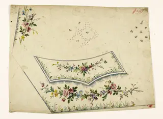 Guirlandes de fleurs et frise de franges perlées mauves, projets de broderies de gilet, XVIIIème siècle