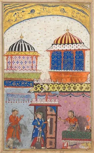 A woman asks her lover to leave her house, brandishing his sword and feigning rage in order to deceive her husband who has just arrived, from a Tuti-nama (Tales of a Parrot): Eighth Night, by Gujarati