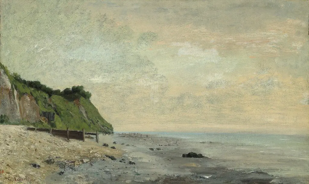 Cliffs on the Sea Coast: Small Beach, Sunrise (Falaise au bord de la mer, vu Petite Plage, soleil levant), by Gustave Courbet