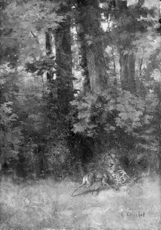 Fighting Stags in a Forest, by Gustave Courbet, oil, 1855