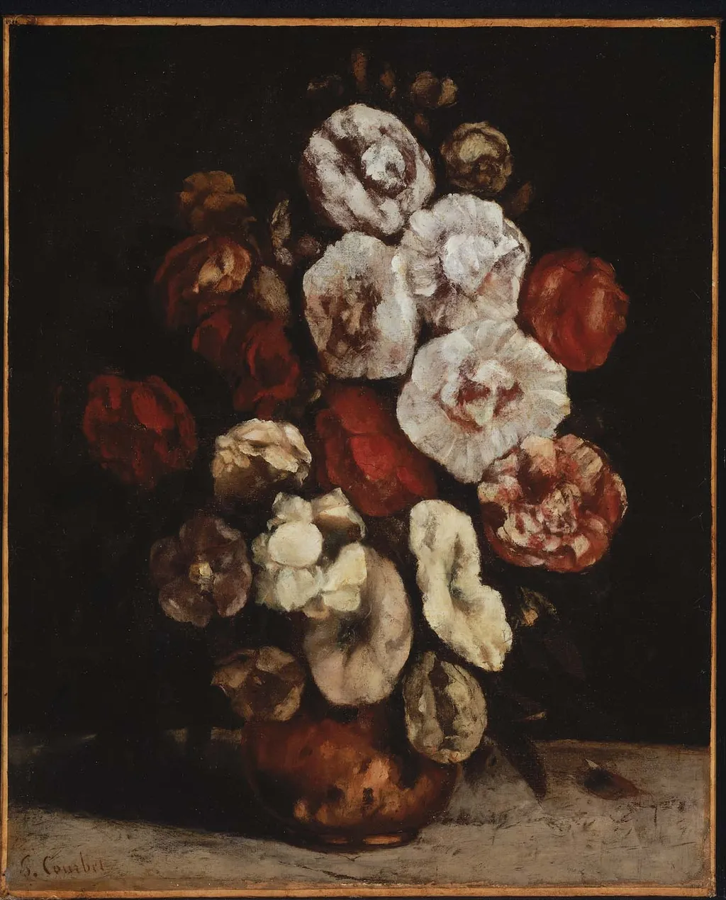 Hollyhocks in a Copper Bowl, by Gustave Courbet, oil, 1872
