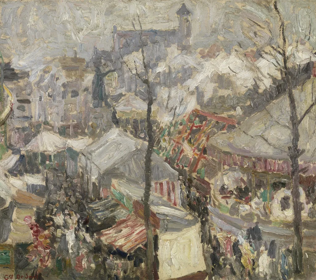 Fair at Vrijdagmarkt in Ghent, by Gustave De Smet, oil, 1907