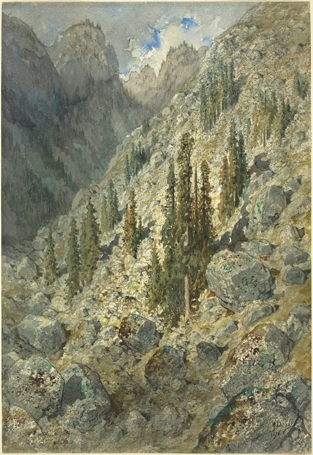 An Alpine Valley with Trees and Boulders, by Gustave Doré, chalk, 1876