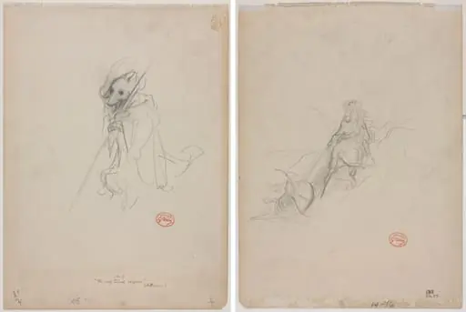 Sketch for "The Wolf Turned Shepherd" (recto) Sketch of Hunting Scene (verso), by Gustave Doré