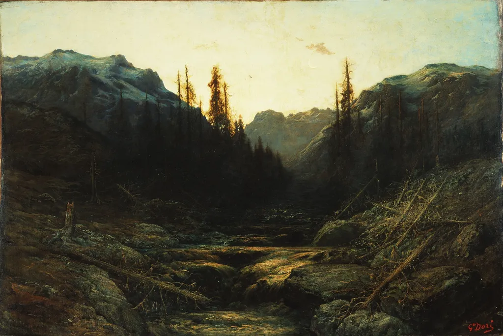Stream in Mountains at Dusk, by Gustave Doré, oil, 1867