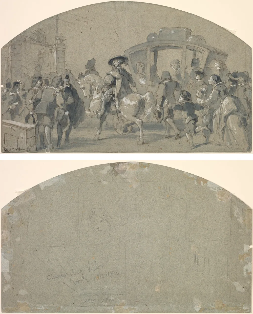 Street Scene (recto); Sketches (verso), by Gustave Doré, 1848