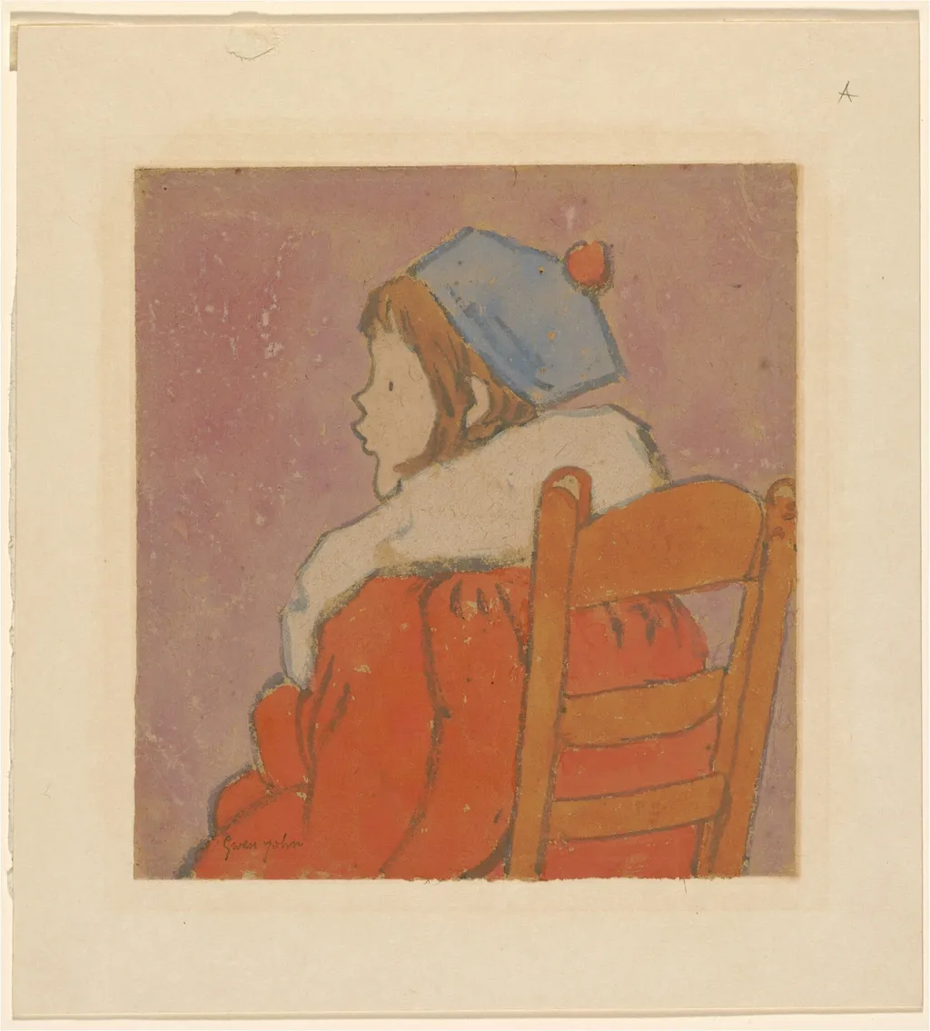Petit profil (Seated Girl Wearing a Red Coat and a Blue Hat), by Gwen John, gouache, 1922