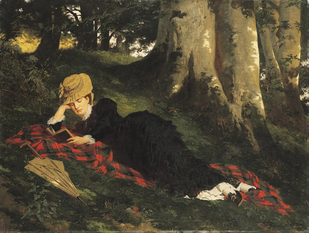 Woman Reading in a Forest, by Gyula Benczúr, oil, 1875