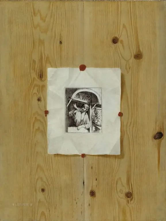 Trompe l'Oeil. Board with an Etching of a Baker Sounding his Horn, by H. Drost