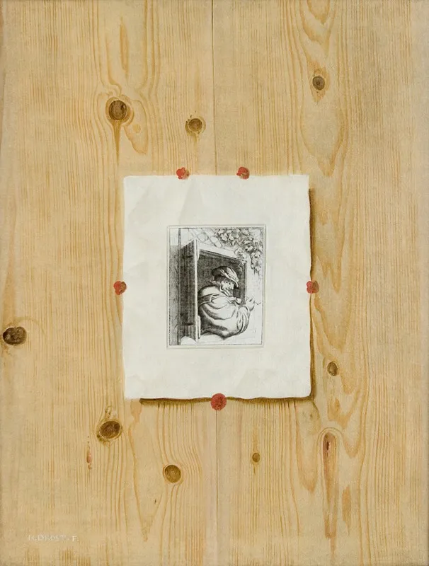 Trompe l'Oeil. Board with an Etching of a Man with a Pipe, by H. Drost, oil, 1675